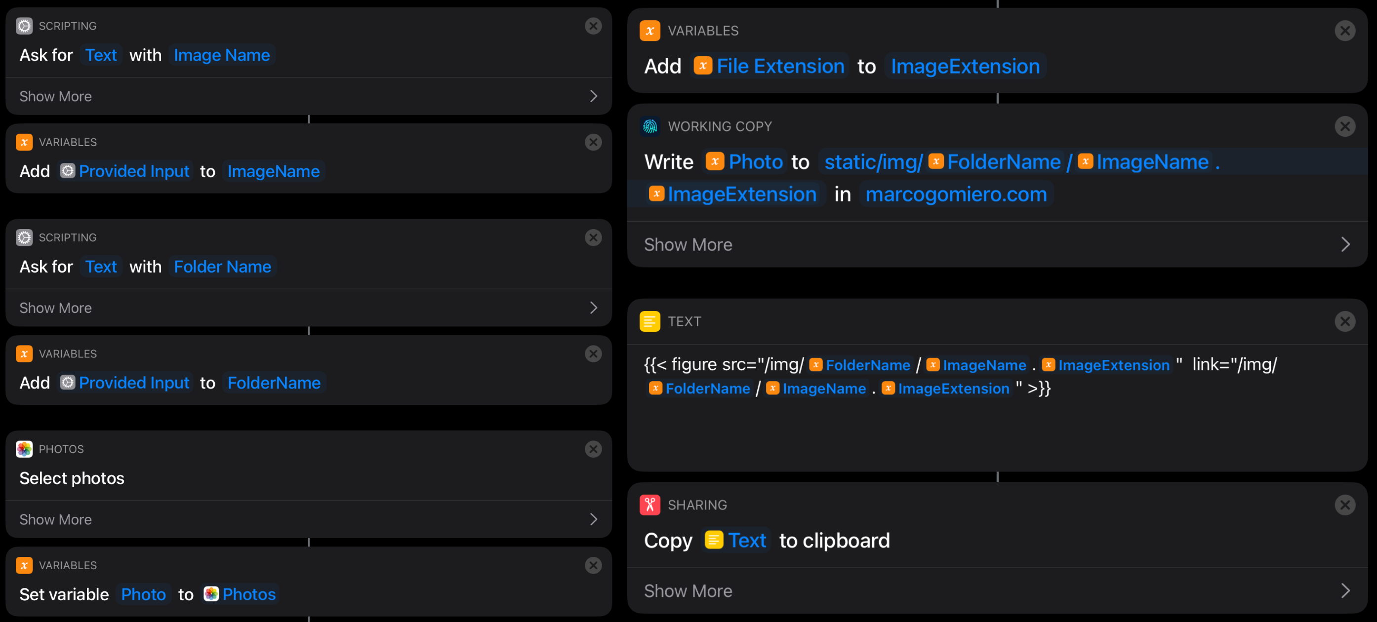 iOs shortcut to move an image from the camera roll to the repo of the site and generate the Hugo shortcode