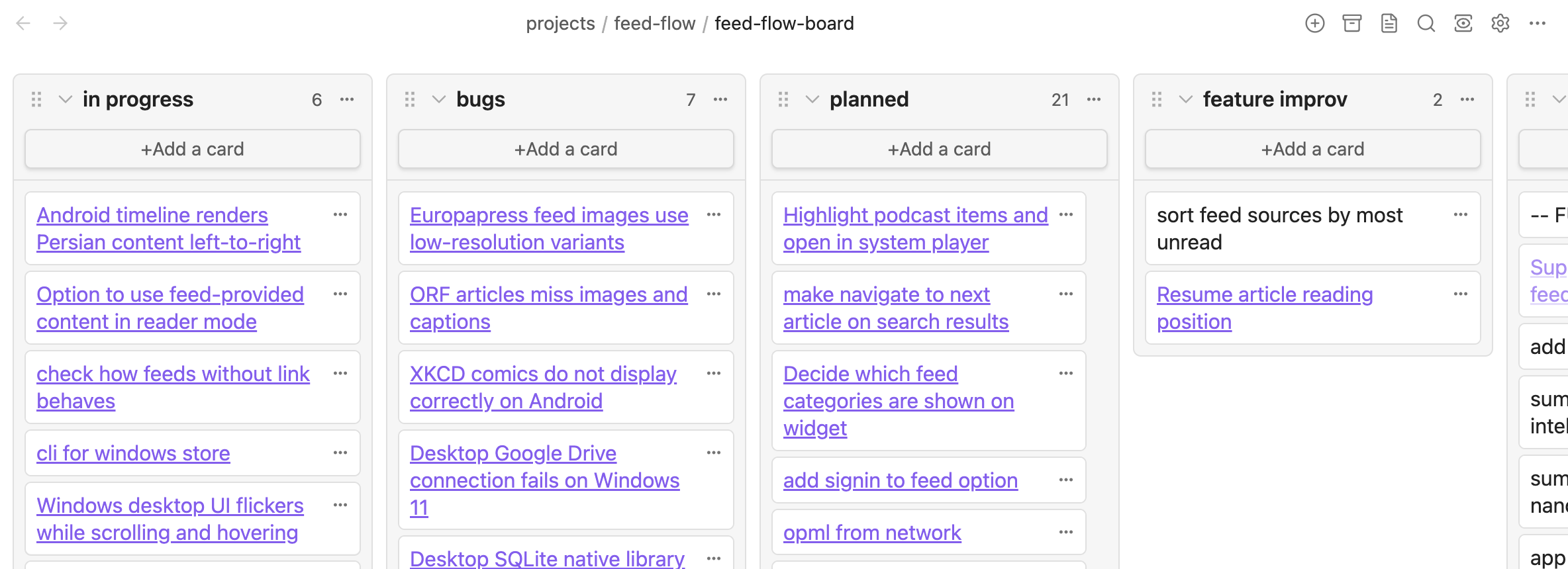 FeedFlow Kanban board in Obsidian, organized into in progress, bugs, planned, and feature improvement columns